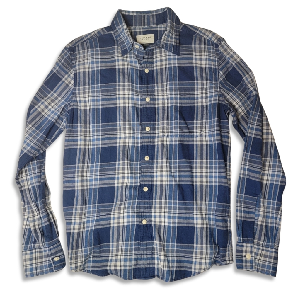 American Eagle Blue Plaid Long Sleeve Button Down Shirt - Picture 3 of 5